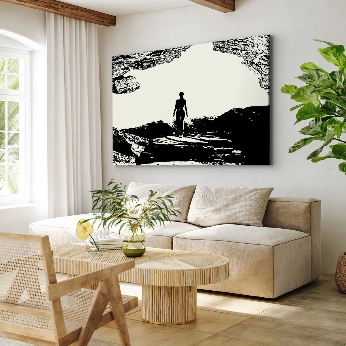 Obraz na plátně - Černá a bílá silueta ženy v jeskyni proti obloze - 70x50cm - Nový pohled - Moderní nástěnná dekorace do obývacího pokoje a ložnice ARTTOR