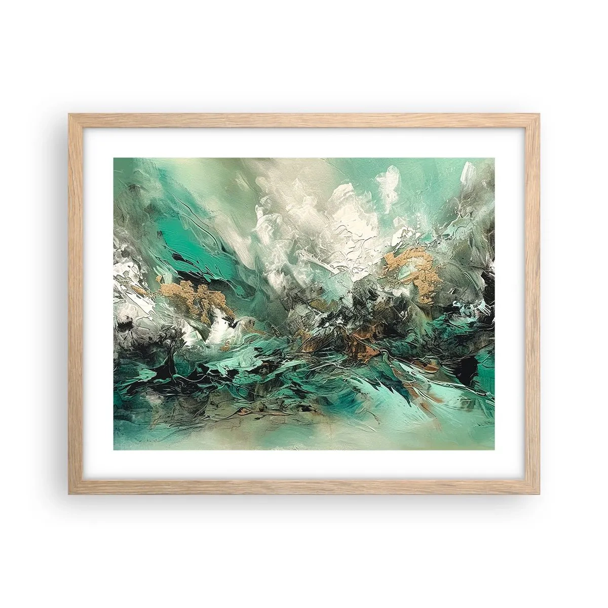 Plakát v rámu světlý dub - Smaragdově černé vlnobití - 50x40 cm