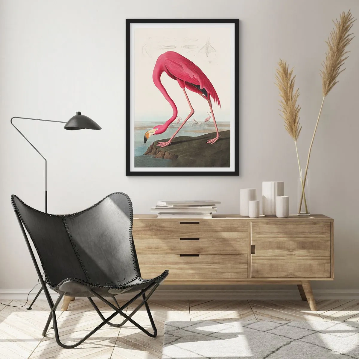 Plakát v černém rámu - Růžový plameňák proti přírodní krajině - 50x70cm - Úžasná stvůra - Moderní nástěnná dekorace do obývacího pokoje a ložnice ARTTOR