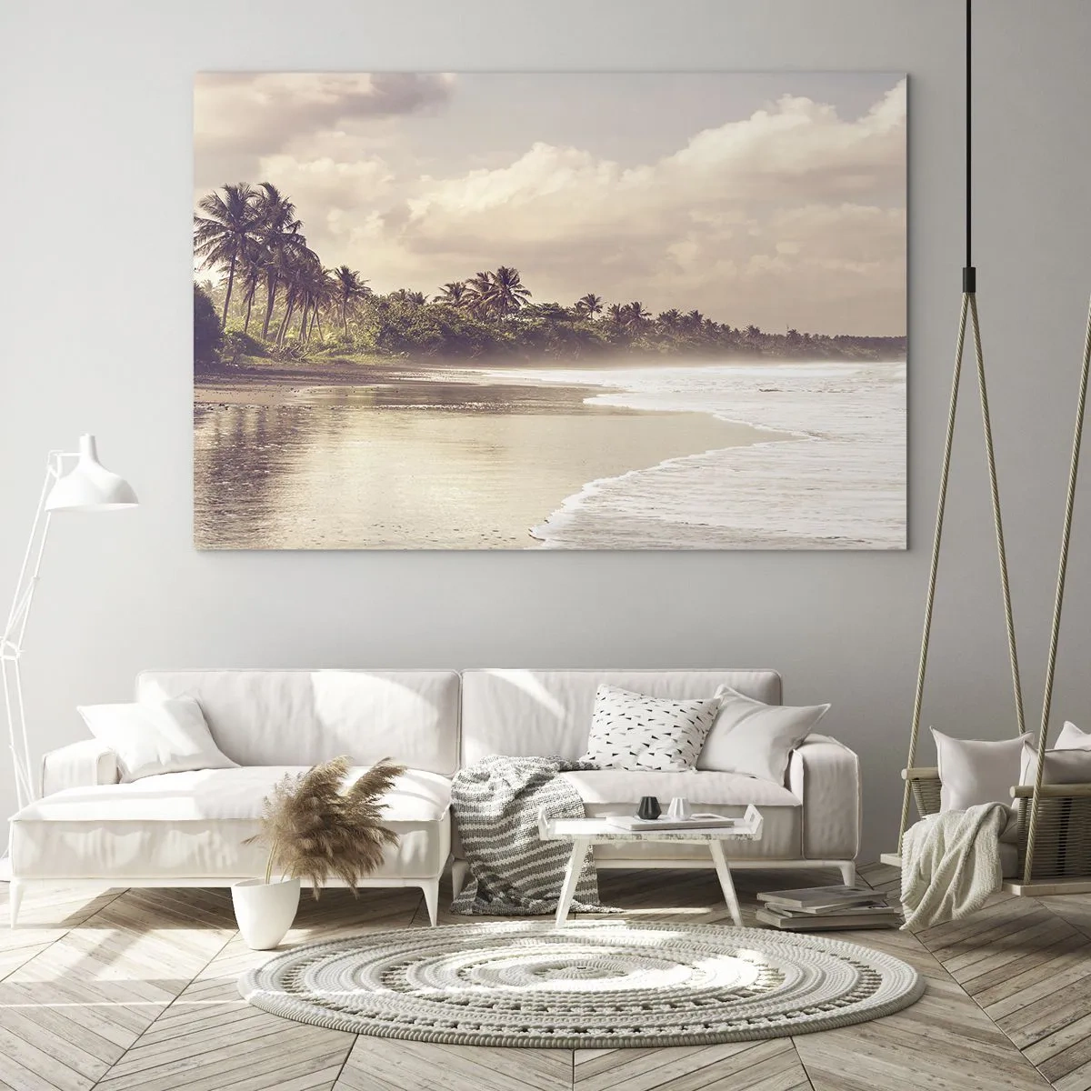 Obraz na skle - Zlatá pláž s palmami a klidným oceánem v měkkém světle - 70x50cm - Pohlazení vln - Moderní nástěnná dekorace do obývacího pokoje a ložnice ARTTOR