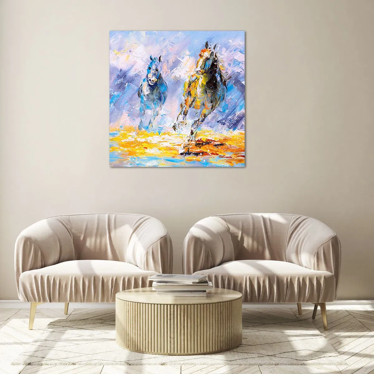 Obraz na skle - Cválající skrze září - 70x70 cm