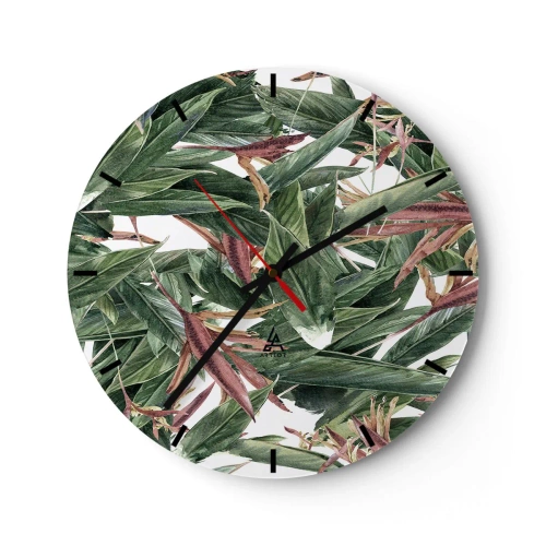 Nástěnné hodiny - Zelené listy s fialovými akcenty na bílém pozadí - 30x30cm - Smaragdově-liliové houští - Moderní nástěnná dekorace do obývacího pokoje, kuchyně a ložnice ARTTOR
