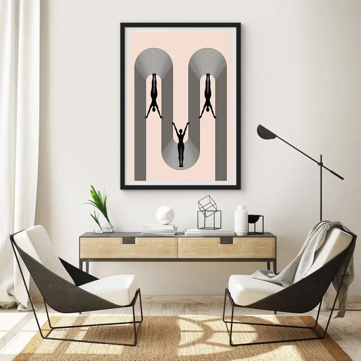 Plakát v černém rámu - Minimalistické siluety v geometrické kompozici - 50x70cm - Vzhůru nohama - Moderní nástěnná dekorace do obývacího pokoje a ložnice ARTTOR
