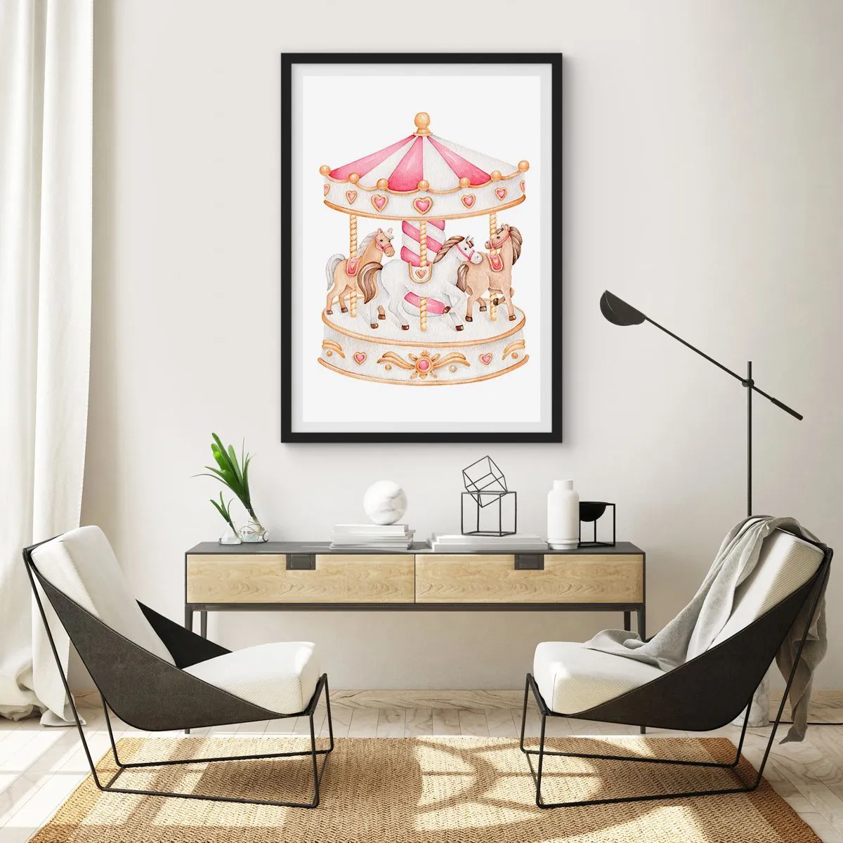 Plakát v černém rámu - Akvarelové kolotoč v pastelových odstínech růžové - 50x70cm - Sladký svět dětství - Moderní nástěnná dekorace do obývacího pokoje a ložnice ARTTOR