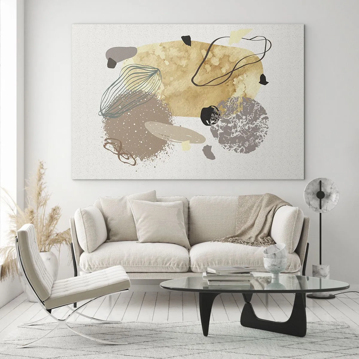 Obraz na skle - Béžová a hnědá abstrakce s nepravidelnými tvary - 70x50cm - Abstraktní švestka - Moderní nástěnná dekorace do obývacího pokoje a ložnice ARTTOR