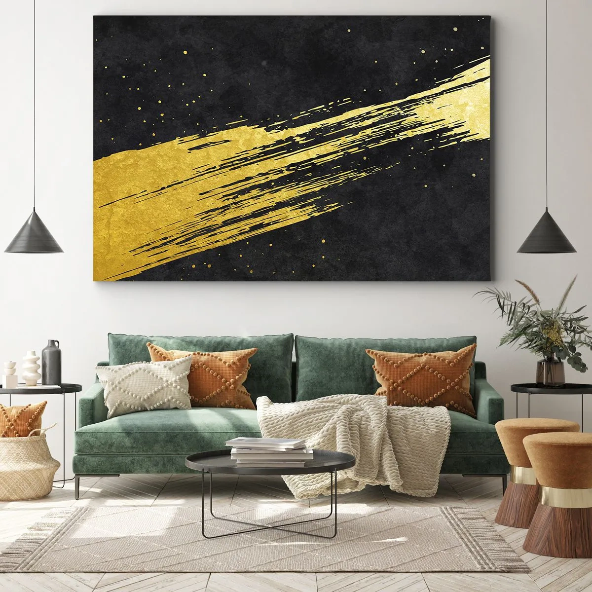 Obraz na plátně - Černé pozadí s dynamickými zlatými tahy štětcem - 70x50cm - Skok do hyperprostoru - Moderní nástěnná dekorace do obývacího pokoje a ložnice ARTTOR