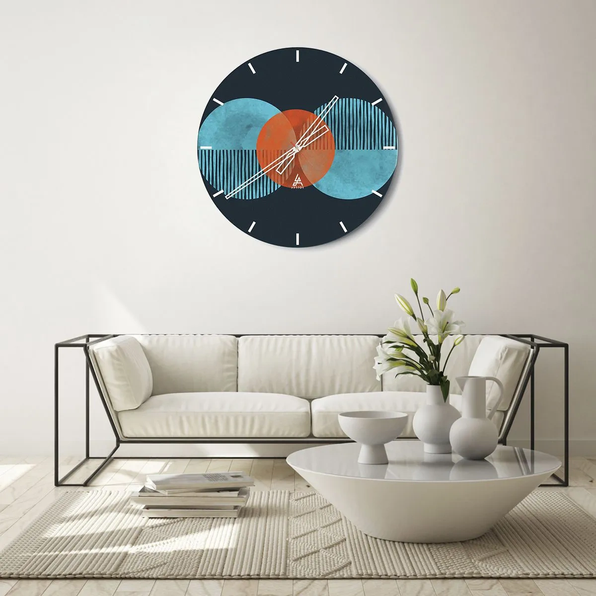 Nástěnné hodiny - Abstraktní kompozice kruhů a čar v odstínech modré a oranžové. - 30x30cm - Symetrická kompozice - Moderní nástěnná dekorace do obývacího pokoje, kuchyně a ložnice ARTTOR