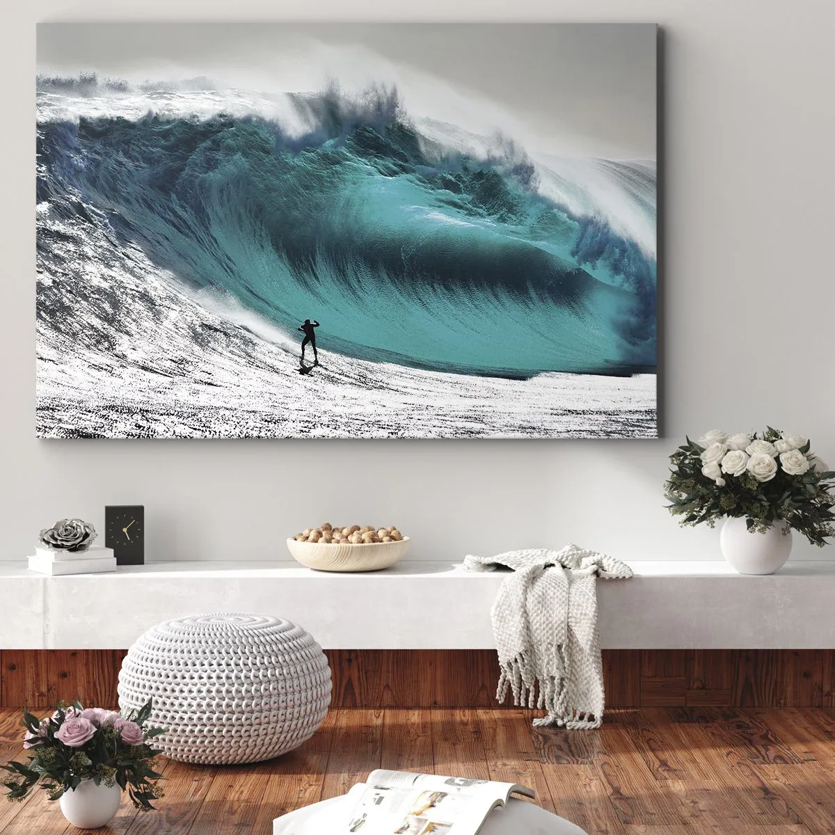 Obraz na plátně - Surfař před obrovskou vlnou - 70x50cm - Výzva přijata - Moderní nástěnná dekorace do obývacího pokoje a ložnice ARTTOR
