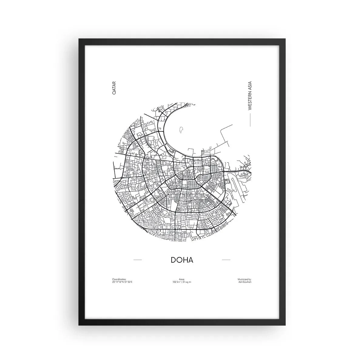 Plakát v černém rámu - Minimalistická černobílá mapa Dauhá - 50x70cm - Anatomie Dauhá - Moderní nástěnná dekorace do obývacího pokoje a ložnice ARTTOR