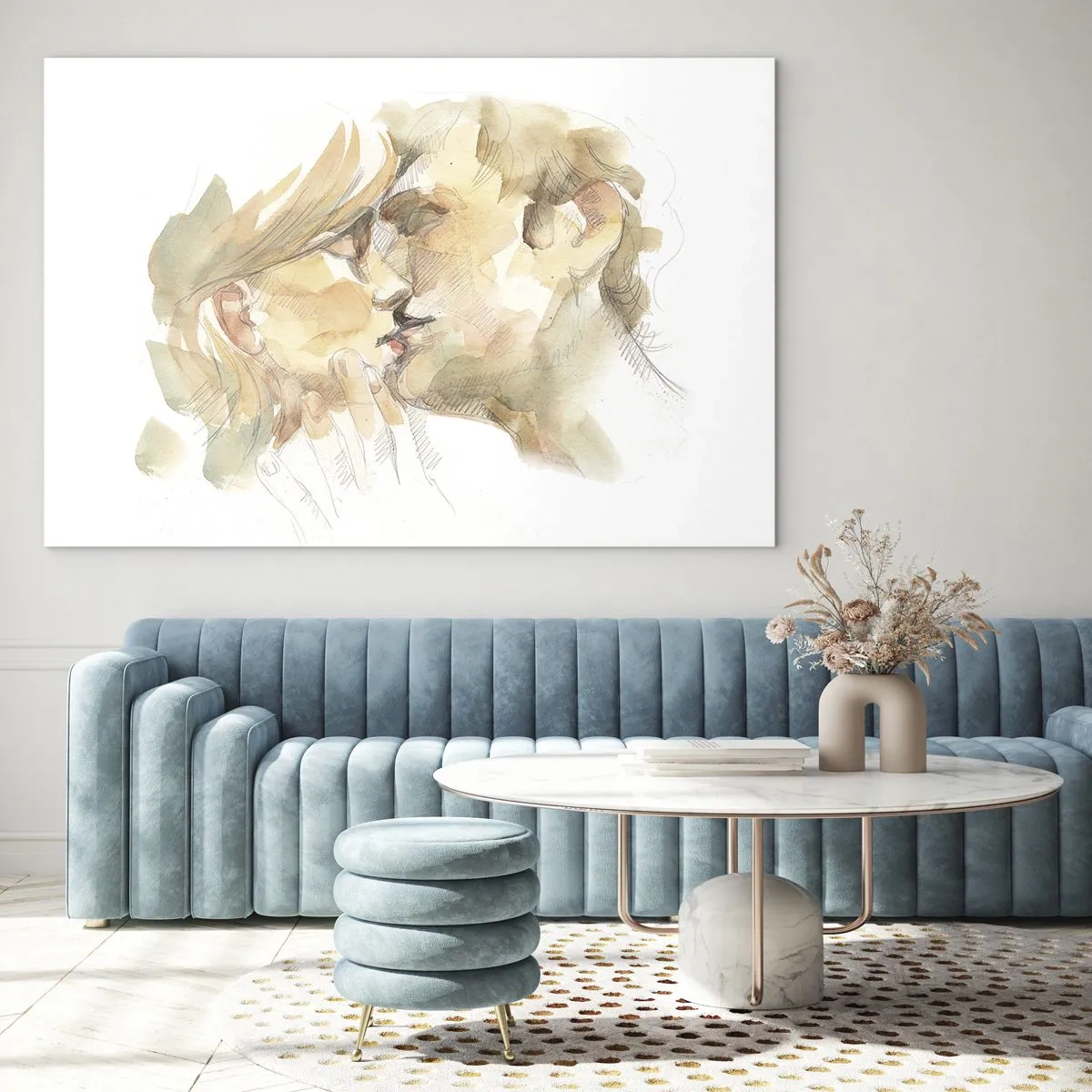 Obraz na skle - Romantický akvarel polibku milenců - 70x50cm - Nalezena polovina? - Moderní nástěnná dekorace do obývacího pokoje a ložnice ARTTOR