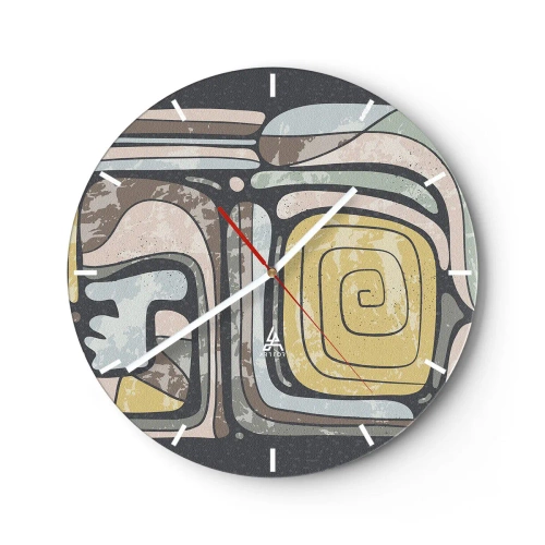 Nástěnné hodiny - Abstraktní tvary se spirálovým motivem v etnickém stylu - 30x30cm - Abstrakce v předkolumbovském duchu - Moderní nástěnná dekorace do obývacího pokoje, kuchyně a ložnice ARTTOR
