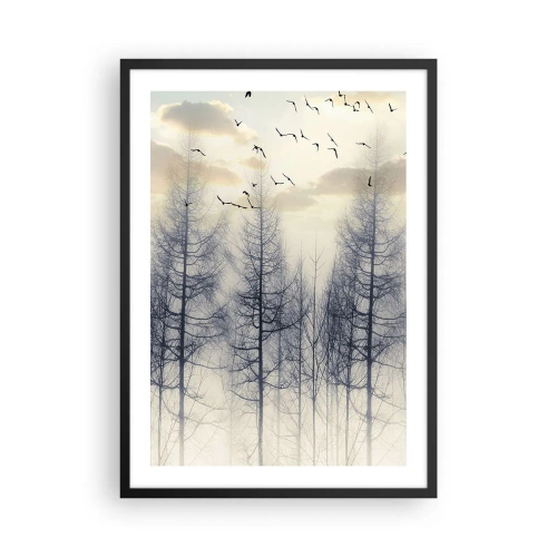 Plakát v černém rámu - Mlžný les s vysokými stromy a létajícími ptáky ráno - 50x70cm - Duchové lesa - Moderní nástěnná dekorace do obývacího pokoje a ložnice ARTTOR