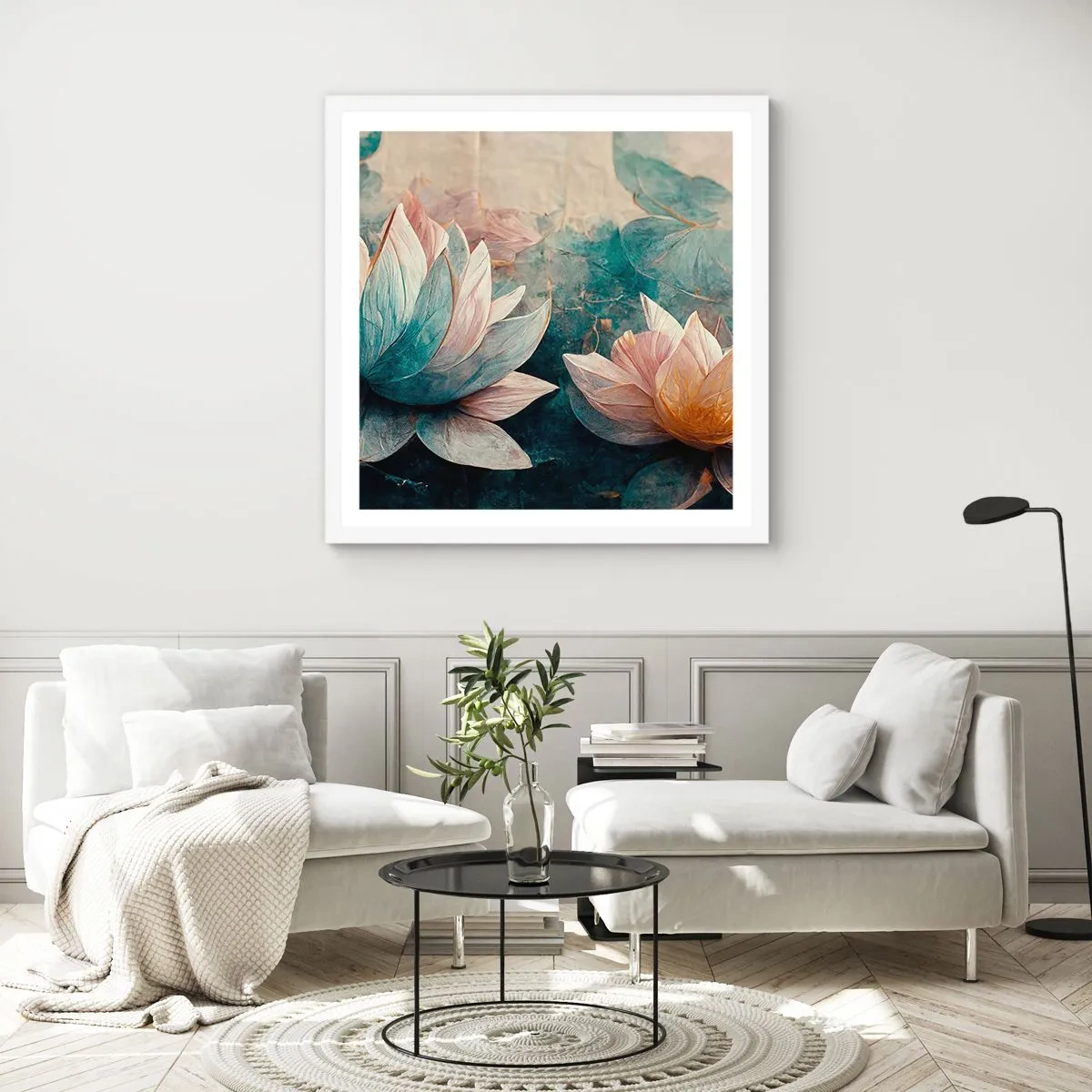 Plakát v bílém rámu - Hvězdy a jezero - 40x40 cm