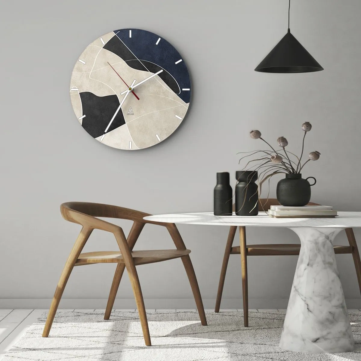 Nástěnné hodiny - Minimalistické tvary v béžové, černé a tmavě modré barvě s bílou linkou - 30x30cm - Abstraktní kompozice – kontrast barev - Moderní nástěnná dekorace do obývacího pokoje, kuchyně a ložnice ARTTOR