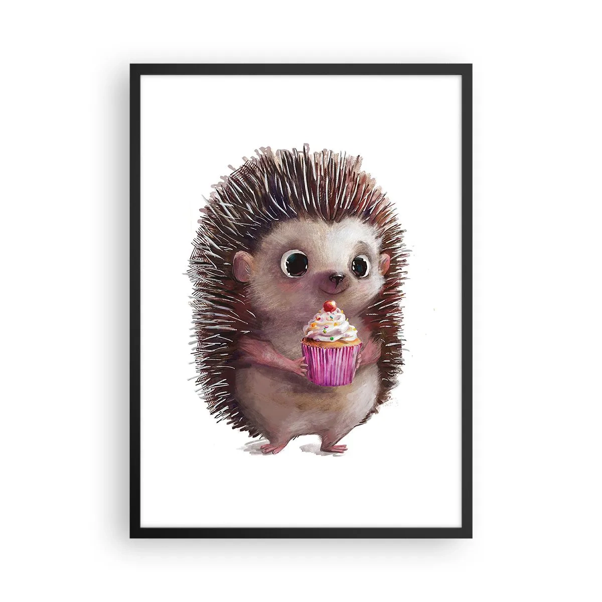 Plakát v černém rámu - Roztomilý ježek držící barevný košíček - 50x70cm - Oslava je každý den - Moderní nástěnná dekorace do obývacího pokoje a ložnice ARTTOR