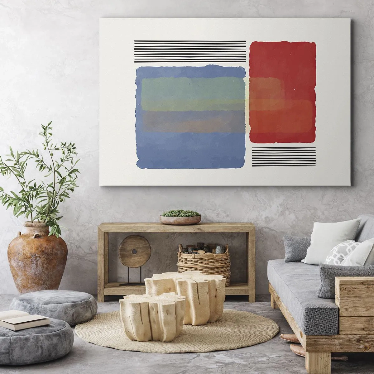 Obraz na plátně - Geometrická kompozice s barevnými bloky a čarami - 70x50cm - Duch a písmeno geometrie - Moderní nástěnná dekorace do obývacího pokoje a ložnice ARTTOR