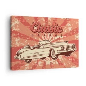 Obraz na plátně - Retro plakát s klasickým autem a nápisem Classic Garage - 70x50cm - V rádiu je Elvis - Moderní nástěnná dekorace do obývacího pokoje a ložnice ARTTOR