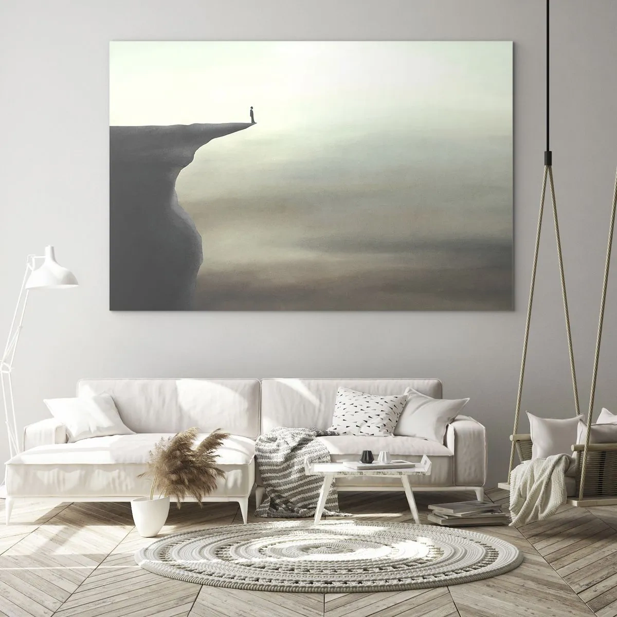 Obraz na skle - Silueta osoby stojící na okraji útesu nad mlhou - 70x50cm - Nahoru, samozřejmě! - Moderní nástěnná dekorace do obývacího pokoje a ložnice ARTTOR