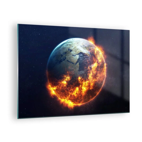 Obraz na skle - Země obklopená plameny ve vesmíru - 70x50cm - Plamen apokalypsy - Moderní nástěnná dekorace do obývacího pokoje a ložnice ARTTOR