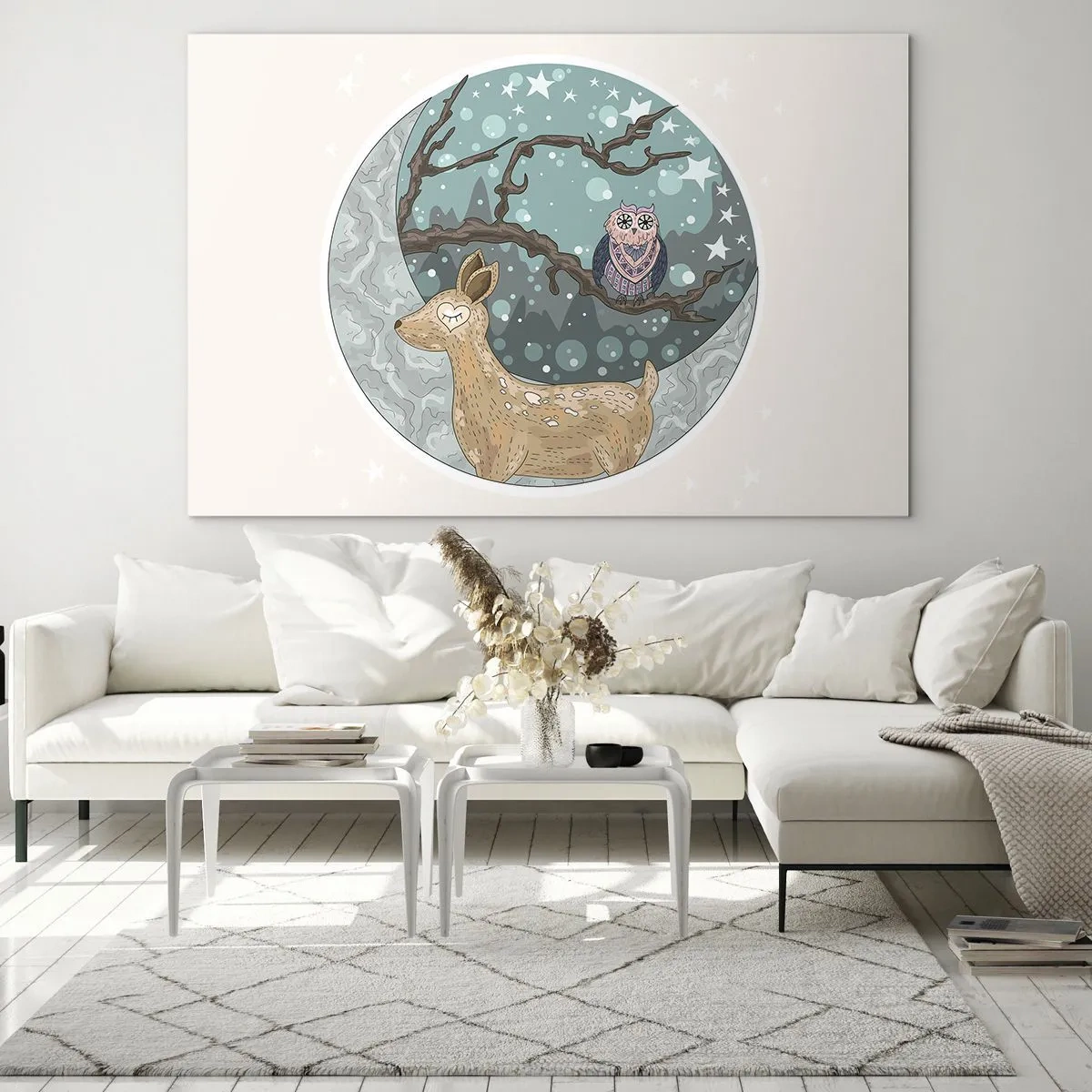 Obraz na skle - Ilustrace jelena a sovy v magickém prostředí - 70x50cm - Pohádková, lesní noc - Moderní nástěnná dekorace do obývacího pokoje a ložnice ARTTOR
