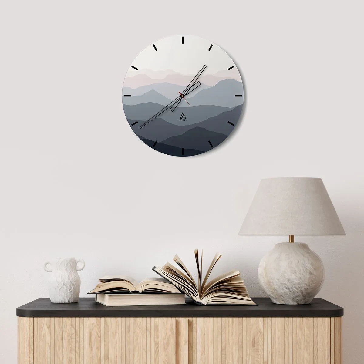 Nástěnné hodiny - Minimalistická horská krajina v pastelových barvách - 30x30cm - Vlny hor - Moderní nástěnná dekorace do obývacího pokoje, kuchyně a ložnice ARTTOR