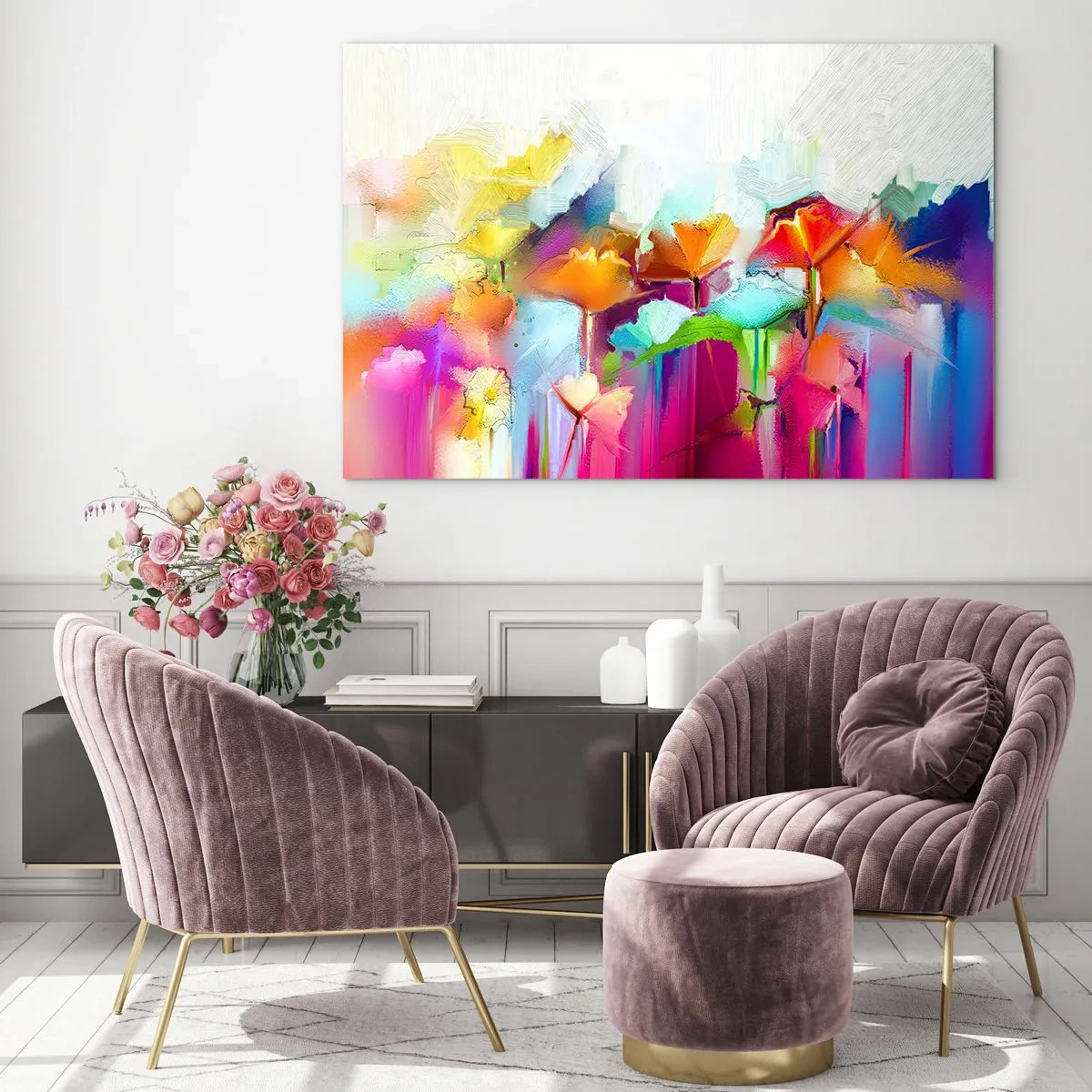 Obraz na skle - Abstraktní květiny v intenzivních barvách duhy - 70x50cm - Duha rozkvetla - Moderní nástěnná dekorace do obývacího pokoje a ložnice ARTTOR