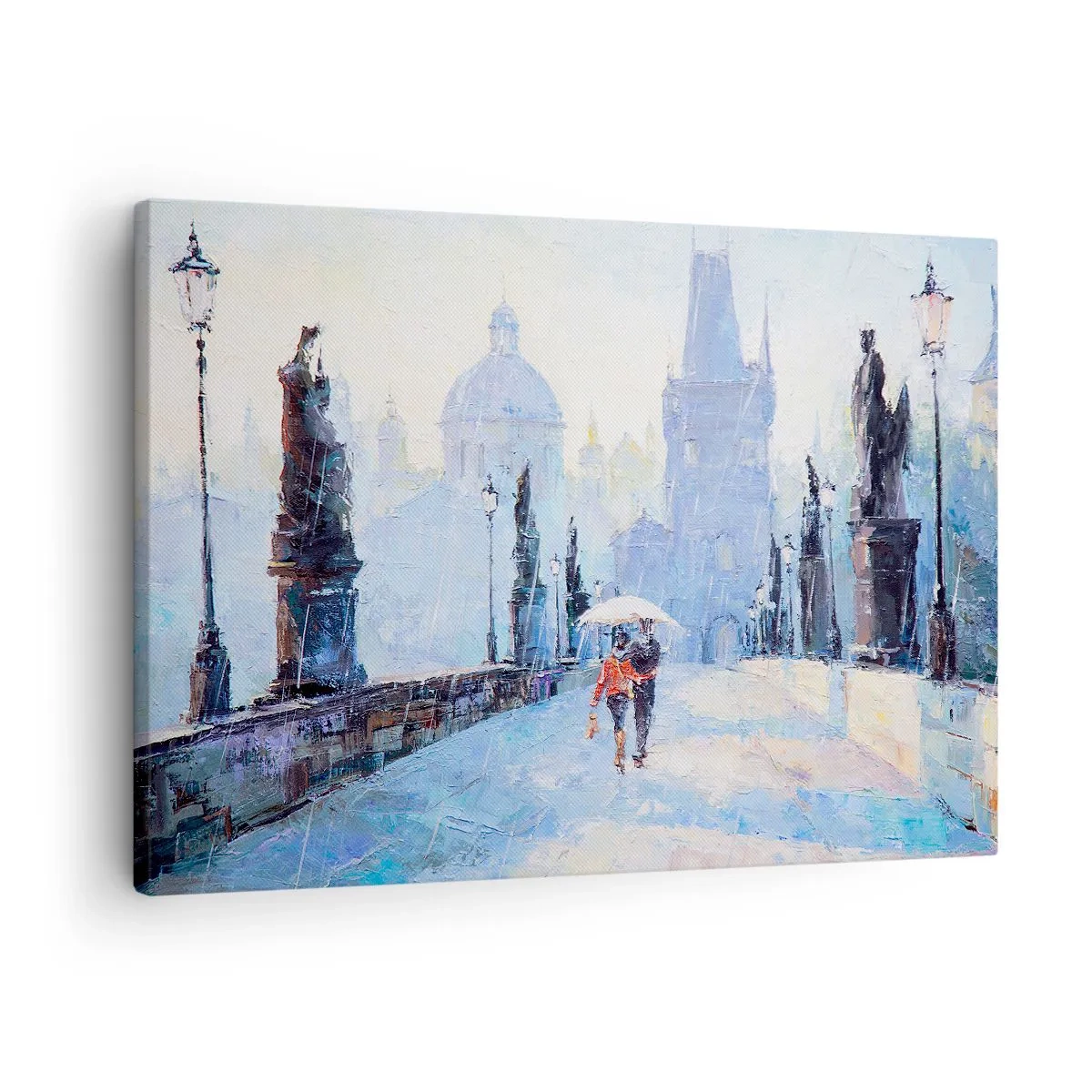 Obraz na plátně - Romantický pár na mostě v dešti, malířská scéna - 70x50cm - Nás musel okouzlit déšť - Moderní nástěnná dekorace do obývacího pokoje a ložnice ARTTOR