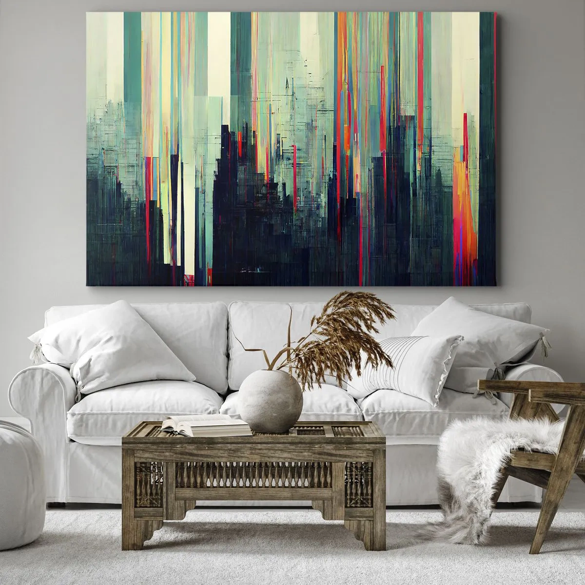 Obraz na plátně - Abstrakce se svislými čarami a panoramatem města - 70x50cm - Futuristické město - Moderní nástěnná dekorace do obývacího pokoje a ložnice ARTTOR