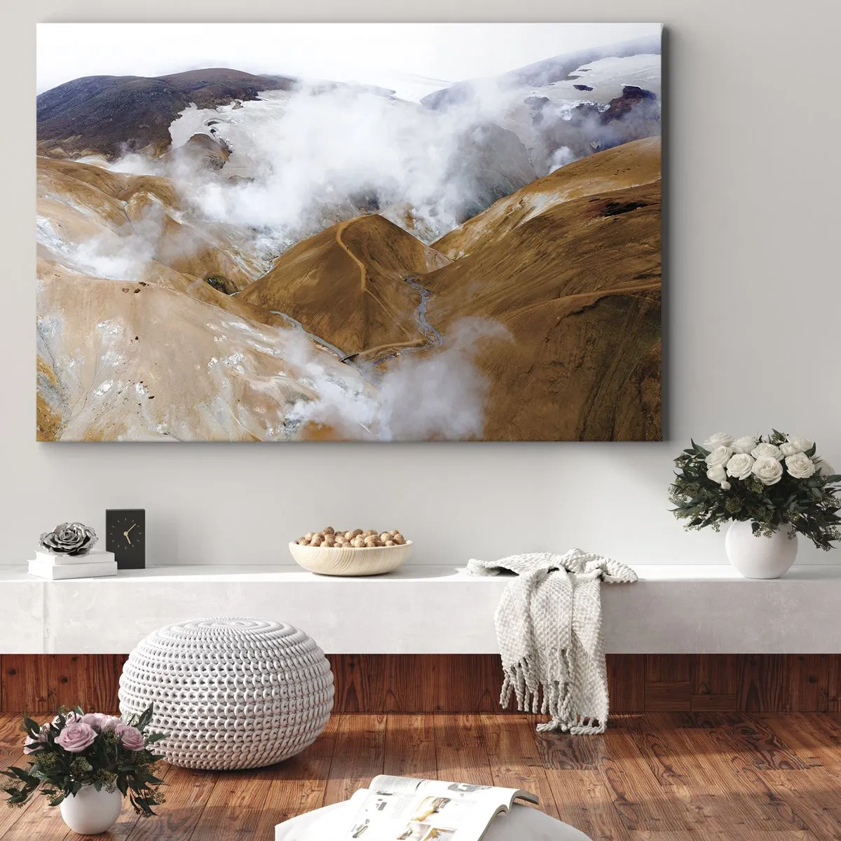 Obraz na plátně - Horská krajina s párou v drsném podnebí - 70x50cm - Drsná krása Islandu - Moderní nástěnná dekorace do obývacího pokoje a ložnice ARTTOR