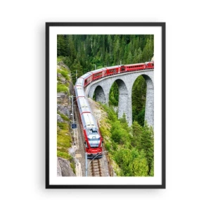 Plakát v černém rámu - Červený vlak na viaduktu obklopený zeleným lesem - 50x70cm - Horský výhled přímo z vlaku - Moderní nástěnná dekorace do obývacího pokoje a ložnice ARTTOR