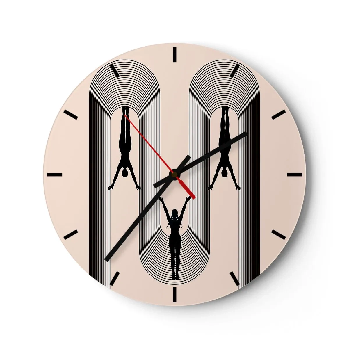 Nástěnné hodiny - Černé siluety postav v pohybu mezi geometrickými oblouky - 30x30cm - Vzhůru nohama - Moderní nástěnná dekorace do obývacího pokoje, kuchyně a ložnice ARTTOR