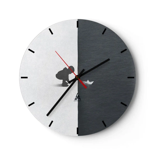 Nástěnné hodiny - Silueta dítěte s papírovou lodičkou na kontrastním pozadí - 30x30cm - Velká výprava - Moderní nástěnná dekorace do obývacího pokoje, kuchyně a ložnice ARTTOR