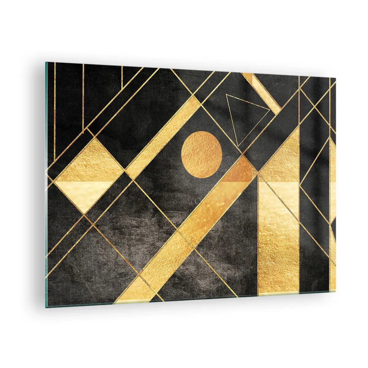 Obraz na skle - Zlaté geometrické vzory na černém pozadí - 70x50cm - Slunce pouště - Moderní nástěnná dekorace do obývacího pokoje a ložnice ARTTOR