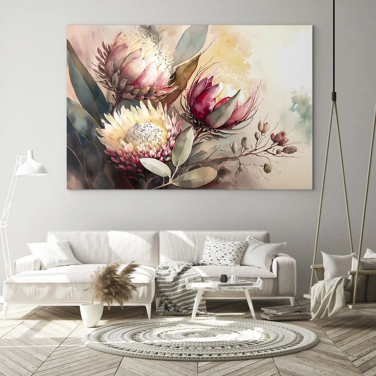 Obraz na skle - Květy protey v pastelových barvách na uměleckém pozadí - 70x50cm - Z profilu a en face - Moderní nástěnná dekorace do obývacího pokoje a ložnice ARTTOR