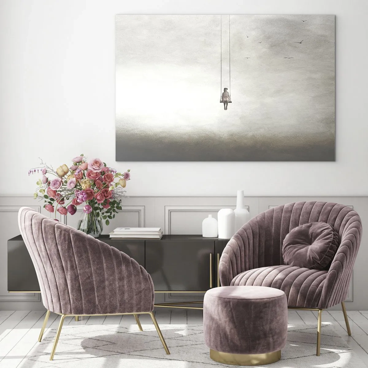Obraz na skle - Postava na houpačce zavěšená na obloze - 70x50cm - Dítě v nás - Moderní nástěnná dekorace do obývacího pokoje a ložnice ARTTOR