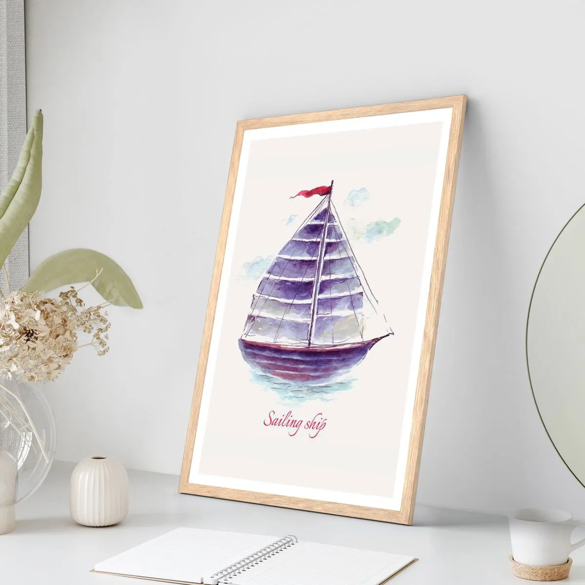 Plakát v rámu světlý dub - Napnuté plachty a klidná voda - 70x100 cm