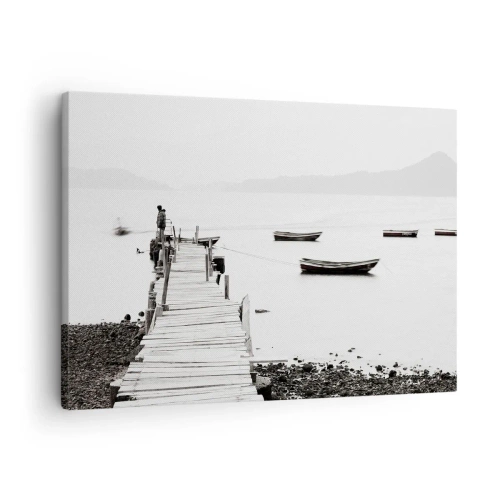 Obraz na plátně - Dřevěné molo a lodě na klidné vodě - 70x50cm - U tiché a čisté vody - Moderní nástěnná dekorace do obývacího pokoje a ložnice ARTTOR