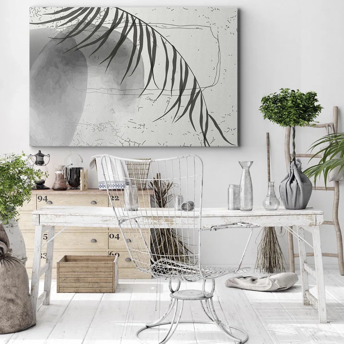 Obraz na plátně - Jemný motiv palmového listu na světlém pozadí ve skandinávském stylu. - 70x50cm - Subtilní exotika přírody - Moderní nástěnná dekorace do obývacího pokoje a ložnice ARTTOR