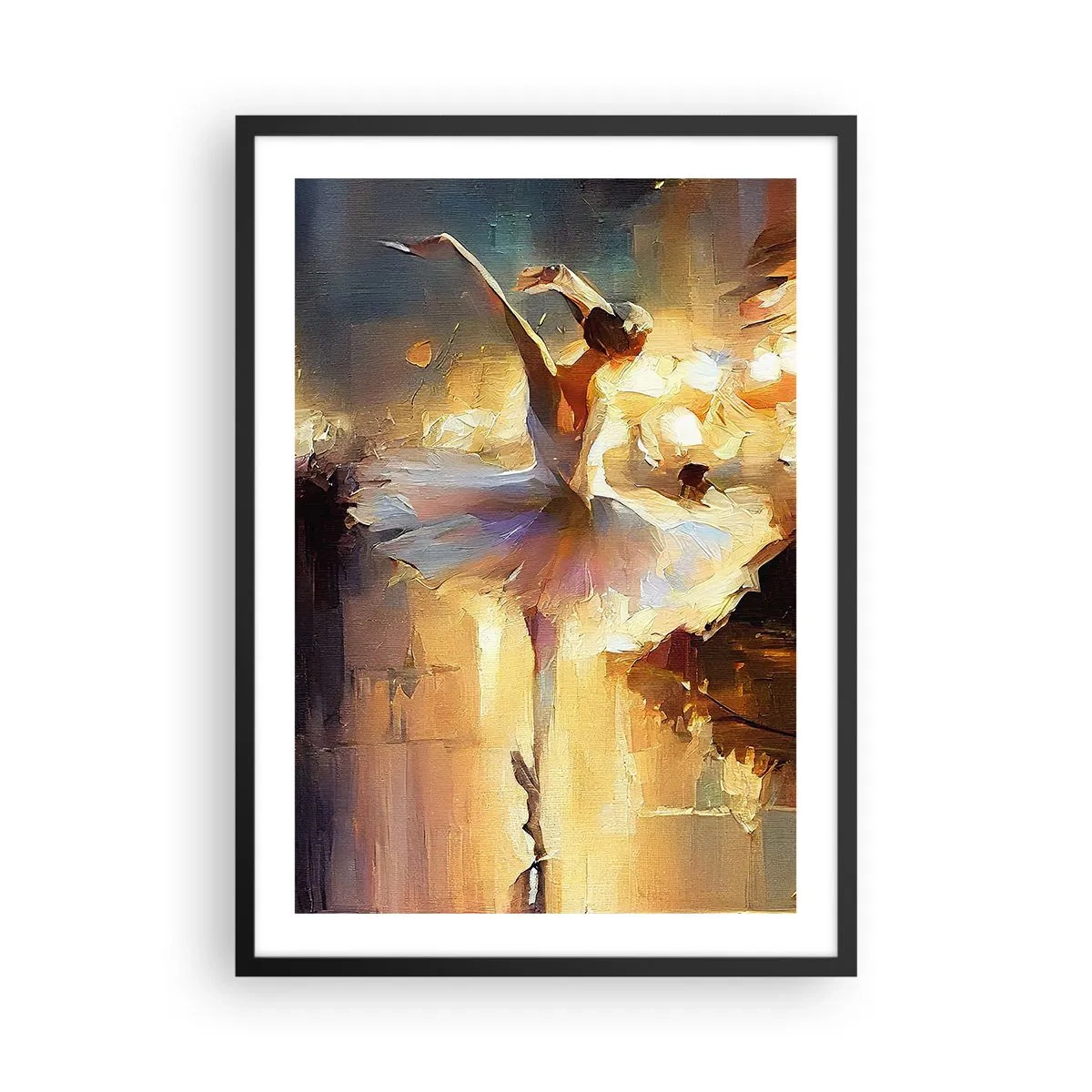 Plakát v černém rámu - Baletka ve zlatém světle jeviště - 50x70cm - Zázrak na ulici - Moderní nástěnná dekorace do obývacího pokoje a ložnice ARTTOR