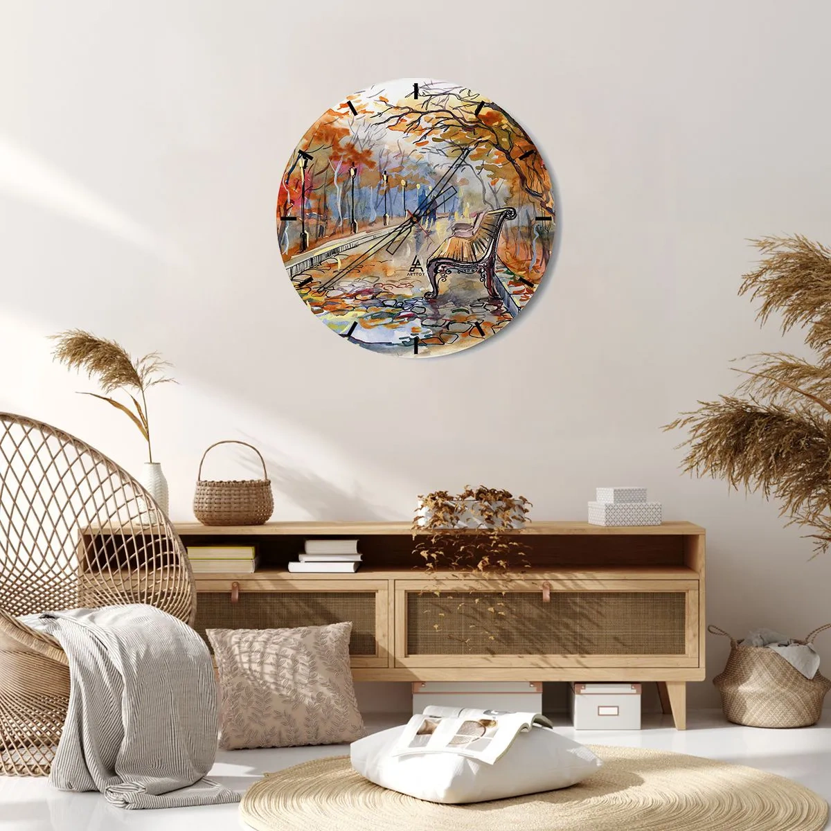 Nástěnné hodiny - Podzimní park s lavičkou ve stylu akvarelu - 30x30cm - Společně putovat podzimem - Moderní nástěnná dekorace do obývacího pokoje, kuchyně a ložnice ARTTOR