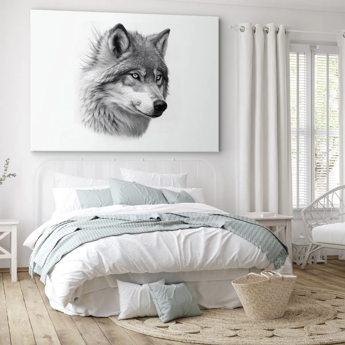 Obraz na plátně - Realistický portrét vlka v odstínech šedé. - 70x50cm - Alfa – bezpochybně - Moderní nástěnná dekorace do obývacího pokoje a ložnice ARTTOR