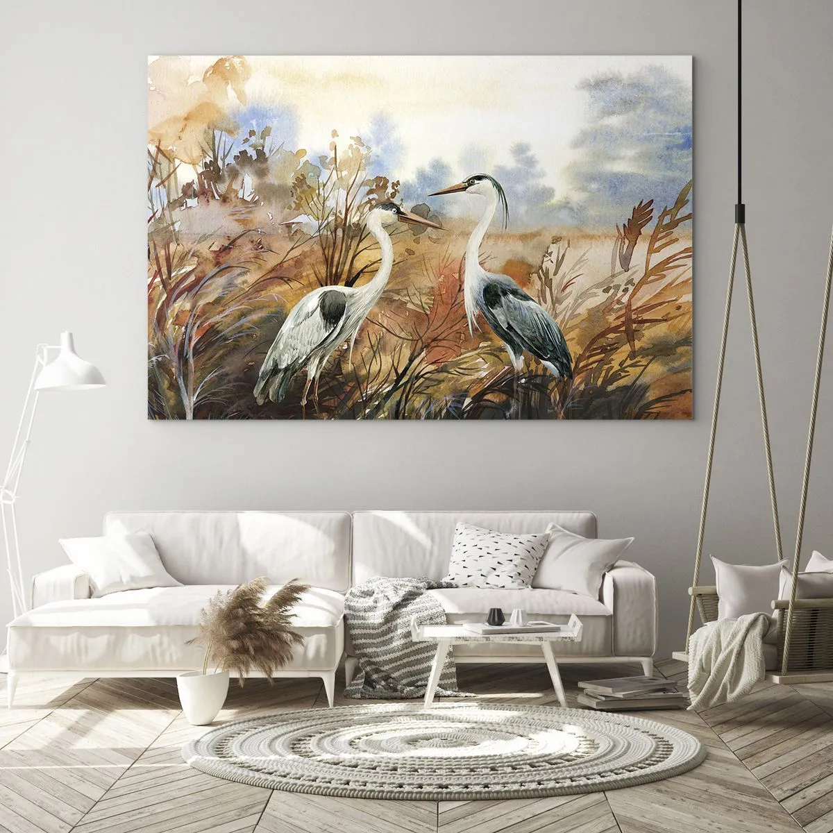 Obraz na skle - Dva jeřábi v podzimní krajině namalované akvarelem - 70x50cm - Kam na podzim? - Moderní nástěnná dekorace do obývacího pokoje a ložnice ARTTOR
