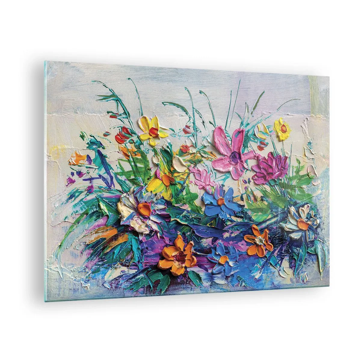 Obraz na skle - Barevná květinová kompozice v malířském stylu - 70x50cm - Vůbec ne zátiší - Moderní nástěnná dekorace do obývacího pokoje a ložnice ARTTOR