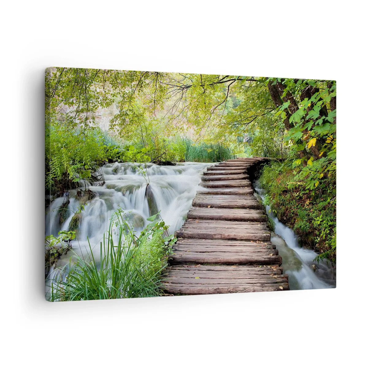 Obraz na plátně - Dřevěný most přes vodopád obklopený bujným zeleným lesem. - 70x50cm - Voda není vůbec tichá - Moderní nástěnná dekorace do obývacího pokoje a ložnice ARTTOR