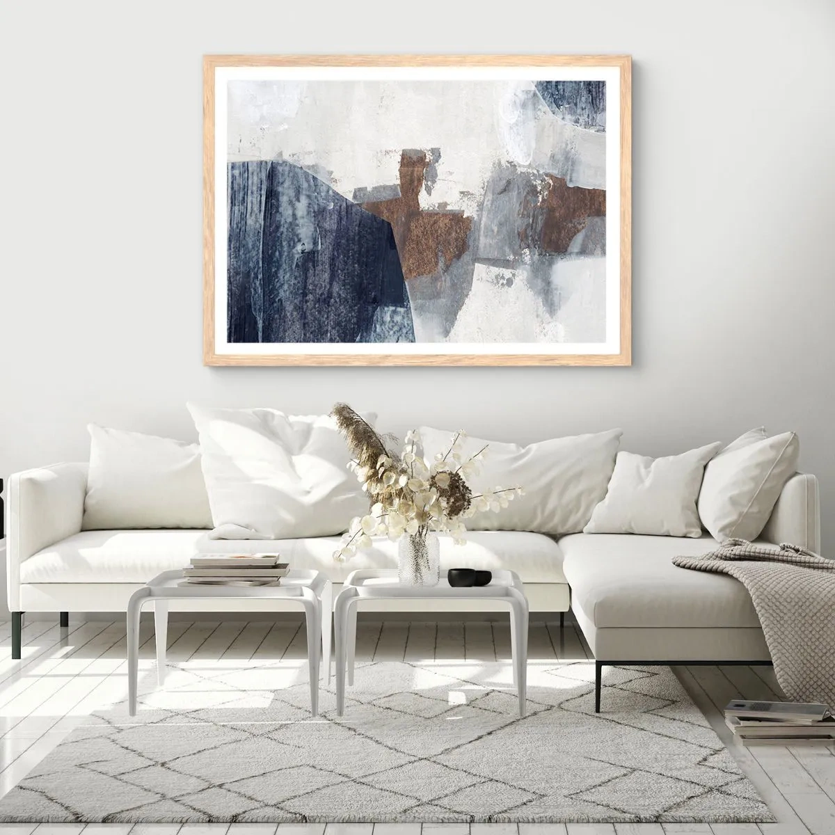 Plakát v rámu světlý dub - Modro-hnědé tvary - 100x70 cm