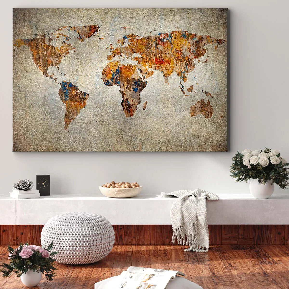 Obraz na plátně - Mapa světa s barevnými akcenty - 70x50cm - Skutečně velký svět - Moderní nástěnná dekorace do obývacího pokoje a ložnice ARTTOR