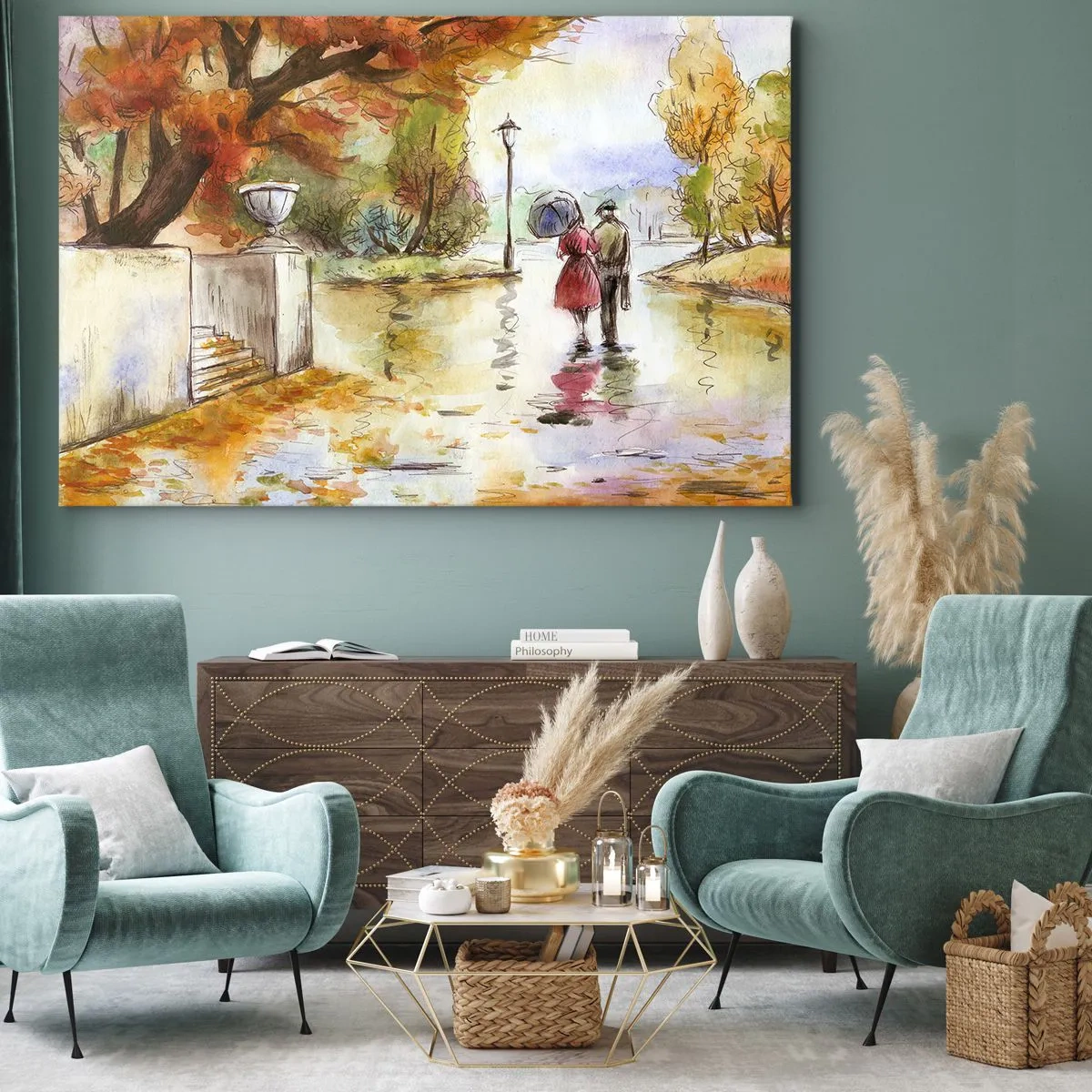 Obraz na plátně - Procházka podzimním parkem s deštníkem - 70x50cm - Romantický podzim v parku - Moderní nástěnná dekorace do obývacího pokoje a ložnice ARTTOR