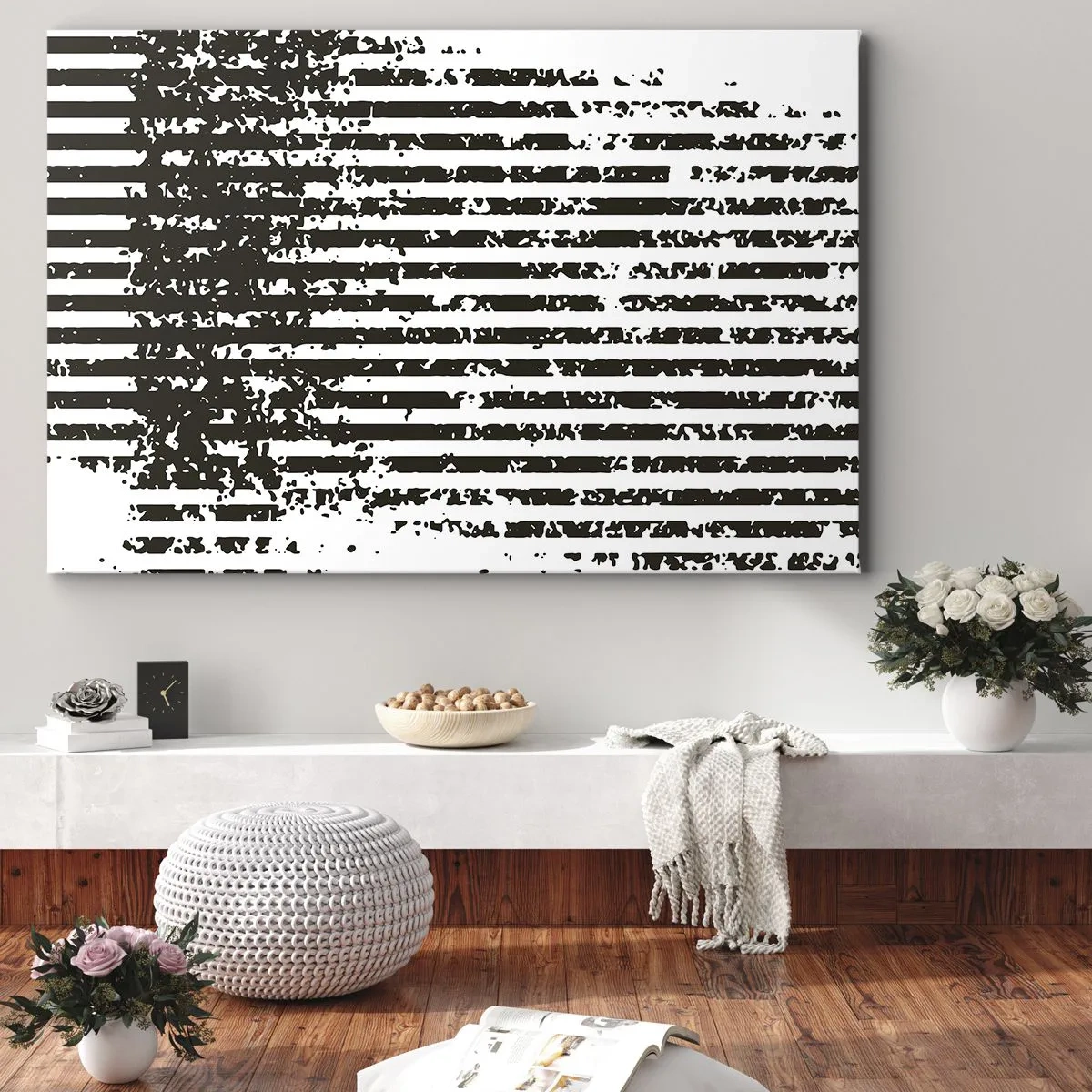Obraz na plátně - Abstraktní linie s efektem zmatnělého vzhledu v černé a bílé - 70x50cm - Rytmus a šum - Moderní nástěnná dekorace do obývacího pokoje a ložnice ARTTOR
