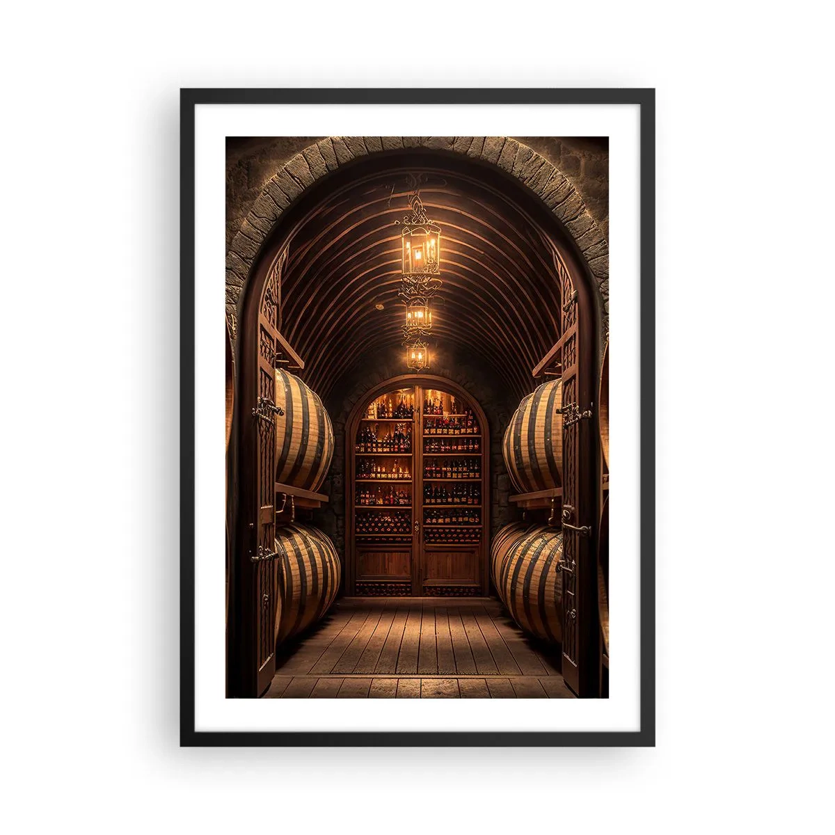 Plakát v černém rámu - Elegantní vinný sklep s dřevěnými sudy - 50x70cm - Nádherný sklep - Moderní nástěnná dekorace do obývacího pokoje a ložnice ARTTOR