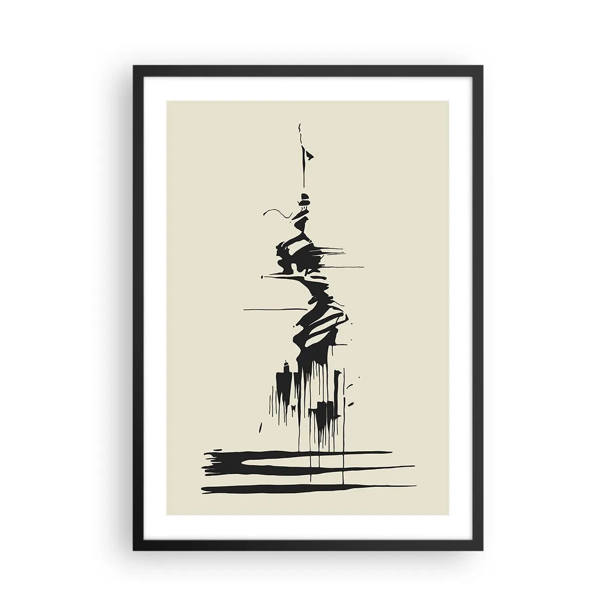 Plakát v černém rámu - Abstraktní kresba postavy na vlnitém pozadí. - 50x70cm - Spěšná abstrakce - Moderní nástěnná dekorace do obývacího pokoje a ložnice ARTTOR